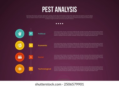 Plantilla de infografía de análisis PEST con estilo de fondo de gradiente oscuro con estilo de círculo de línea de tiempo de Vertical 4 puntos para Vector de presentación de diapositivas