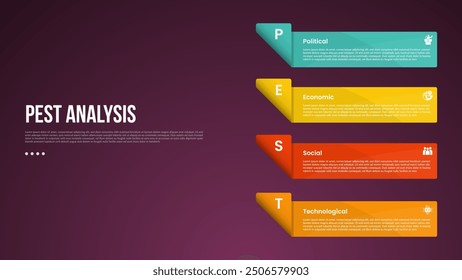 PEST analysis infographic template with dark gradient background style with vertical stack rectangle box container on right column 4 point for slide presentation vector