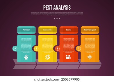 PEST-Analyse-Infografik-Vorlage mit dunklem Farbverlauf-Hintergrund-Stil mit kreativen Tischbox mit Kreis auf Kante 4 Punkt für Folie Präsentationsvektor