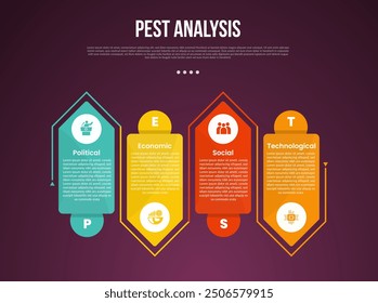 PEST analysis infographic template with dark gradient background style with creative arrow box shape with outline up and down 4 point for slide presentation vector