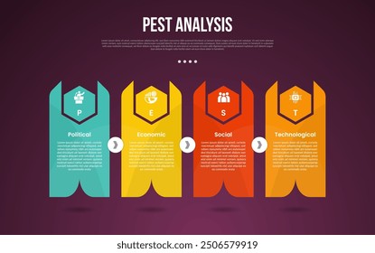 Plantilla de infografía de análisis PEST con estilo de fondo de gradiente oscuro con forma de bloque creativo con flecha afilada y hexágono 4 puntos para Vector de presentación de diapositivas