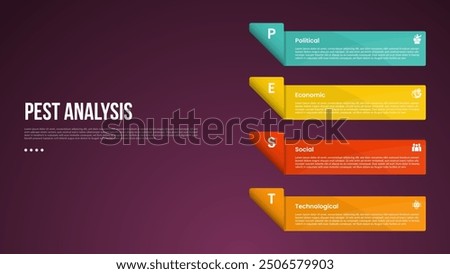 PEST analysis infographic template with dark gradient background style with vertical stack rectangle box container on right column 4 point for slide presentation vector