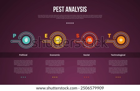 PEST analysis infographic template with dark gradient background style with creative outline circle as header table 4 point for slide presentation vector
