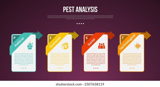 PEST analysis infographic template with vertical box container with creative header on top position with dark background style with 4 point for slide presentation vector