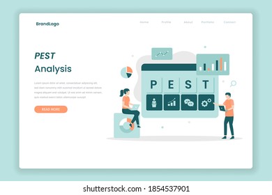Concepto de la página de inicio de análisis de PEST. Ilustración para sitios web, páginas de inicio, aplicaciones móviles, afiches y banners.