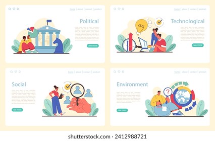 PEST analysis segments set. Delving into political, technological, social, and environmental aspects. Interpreting governance, tech trends, societal dynamics, and eco conditions. Vector illustration.