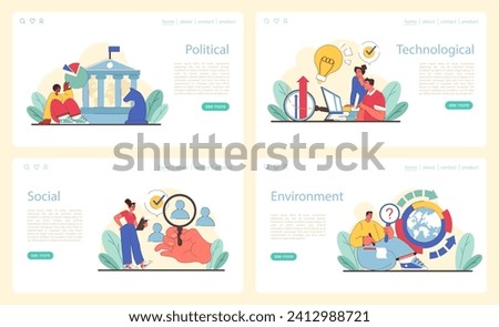 PEST analysis segments set. Delving into political, technological, social, and environmental aspects. Interpreting governance, tech trends, societal dynamics, and eco conditions. Vector illustration.