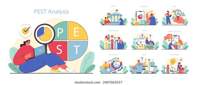 PEST analysis set. Comprehensive business strategy and market study. Political, economic, social, and technological factors. Strategic planning, opportunities, and threats. Flat vector illustration.