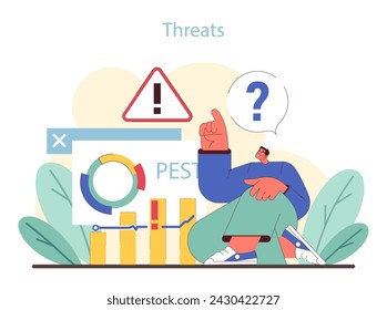 Amenazas de análisis de plagas. Analista contemplando los riesgos empresariales con una señal de advertencia. Identificar los retos potenciales del mercado. Ilustración vectorial plana.