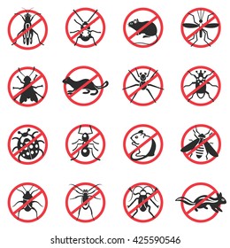 Pest animals flat icons with insects rodents of black color on sign of ban isolated vector illustation