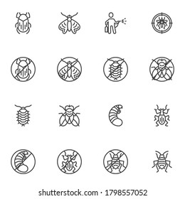Pest animals line icons set, outline vector symbol collection, linear style pictogram pack. Signs, logo illustration. Set includes icons as termite insect, flea, cockroach, fly, bug, moth
