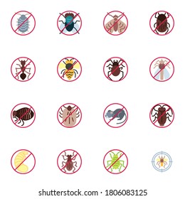 Pest animals prohibition signs collection, flat icons set, Colorful symbols pack contains - ant, moth, larvae, rodent rat, bug, spider, wasp, arachnid insect. Vector illustration. Flat style design 