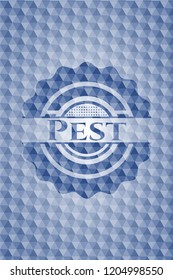 Pest blue emblem with geometric pattern.