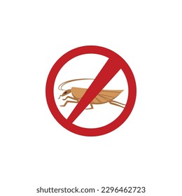 Pest control anti cockroach and stop insects icon or symbol design flat vector illustration isolated on white background. sign. Cockroach in red forbidding circle.
