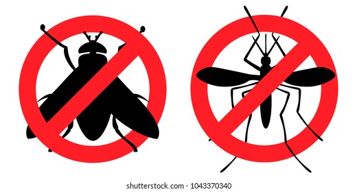 Pest Control, antifly, antimosquito (destruction of parasites, insects, fly, mosquito, insect, toxicity, prohibition, vector, black outline, white background)