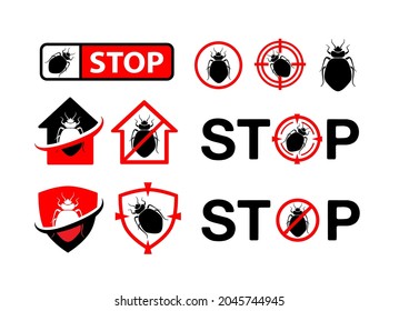 Pest Control Badges Set. Design Elements, Labels And Stickers, Danger And Stop Signs With Bedbug Silhouette