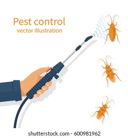 Pest control banner concept. Man exterminator holds a sprayer in hands spraying pesticide. Destruction bug. Service to protect the house. Vector illustration flat design. Isolated on white background.