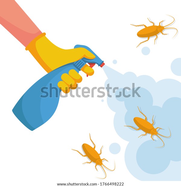 Pest control banner concept. Man exterminator\
holds a sprayer in hands spraying pesticide. Destruction bug.\
Service to protect the house. Vector illustration flat design.\
Isolated on white\
background.