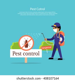 Pest control banner design flat. Service Employee pest control man in uniform with balloons and sprays. Banner for web page or website. Sign of a red circle with an insect. Vector illustration