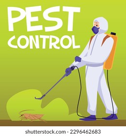 Diseño de pancartas o afiches de control de plagas con carácter de trabajador desinfectante en traje protector con material profesional pulverizando pesticida, ilustración vectorial plana.
