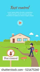 Pest control banner. Service employee pest control man in uniform with balloons and sprays. Banner for web page or website. Sign of a red circle with an insect. Vector illustration