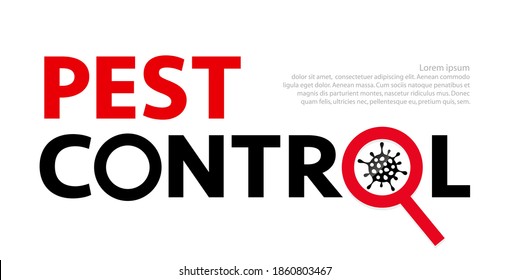 Pest control banner such as coronavirus. silhouette of virus, bacteria under a magnifying glass on a white background 