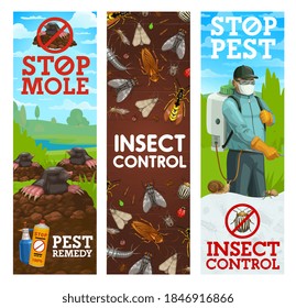 Pest control banners, vector worker spraying insecticide against insects and rodents. Exterminator in protective suit and mask with pressure sprayer. Insects and garden animals chemical extermination