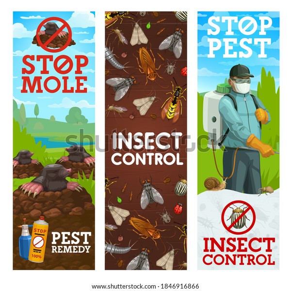 Pest control banners, vector worker\
spraying insecticide against insects and rodents. Exterminator in\
protective suit and mask with pressure sprayer. Insects and garden\
animals chemical\
extermination