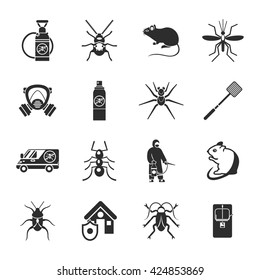 Pest control black white icons set with insect rodents automobile pesticide protective clothes trap isolated vector illustration?