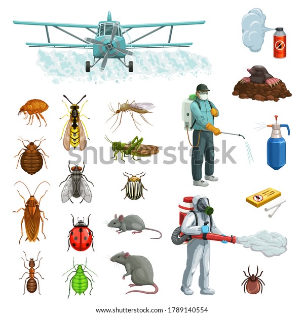 Pest control cartoon vector set with pest insects,
bugs and rodent, exterminators, pesticide and plane. Insecticide
sprayer, mosquito, cockroach and fly, mouse, rat, wasp and flea,
ladybug and aphid