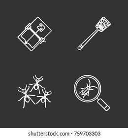 Pest control chalk icons set. Cockroach searching, fly-swatter, mouse trap, ants. Isolated vector chalkboard illustrations