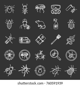 Pest control chalk icons set. Extermination. Harmful animals and insects. Isolated vector chalkboard illustrations