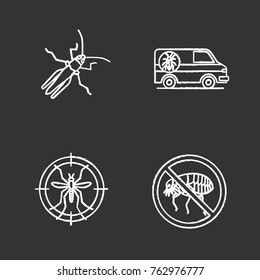 Pest control chalk icons set. Grasshopper, exterminator's car, mosquito target, stop fleas. Isolated vector chalkboard illustrations
