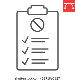 Icono de línea de lista de comprobación de control de plagas, formulario y prueba, icono del vector del icono del portapapeles, gráficos vectoriales, símbolo de contorno de trazo editable, eps 10.