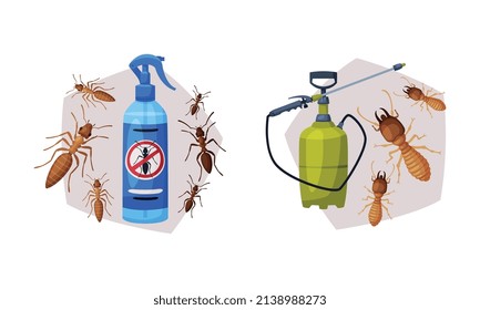 Pest Control with Chemical in Bottle and Ants Vector Set