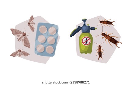 Pest Control with Chemical in Bottle, Repellent Pills and Moth Vector Set