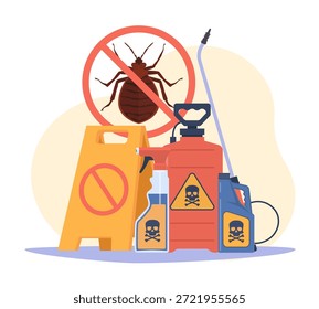 Controlo de pragas. Produtos químicos que matam insetos e parasitas domésticos, extermínio com pulverizadores, recipientes químicos, sinal de cuidado, desinfecção profissional desenho animado estilo plano isolado conceito de vetor
