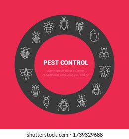 Pest control circle poster with flat line icons. Cockroach, rat, fly, mosquito, snake, louse, tick. Can be used as a design template for printing websites, posters.