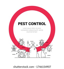 Pest control circle poster with flat line icons. Cockroach, rat, fly, mosquito, snake, louse, tick. Can be used as a design template for printing websites, posters.