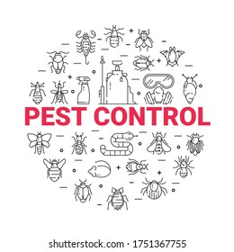 Pest control circle poster with flat line icons. Cockroach, rat, fly, mosquito, snake, louse, tick. Can be used as a design template for printing websites, posters.