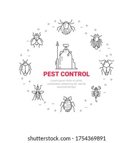 Pest control circle poster with flat line icons. Cockroach, rat, fly, mosquito, snake, louse, tick. Can be used as a design template for printing websites, posters.