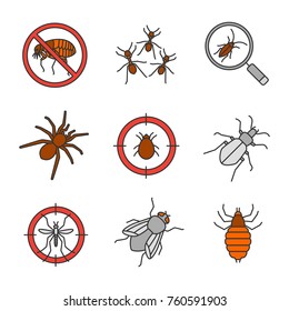 Pest control color icons set. Stop fleas, ants, cockroach searching, spider, mite target, mosquito bait, ground beetle, housefly, bed bug. Isolated vector illustrations