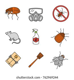 Pest control color icons set. Flea, respirator, cockroaches repellent, mouse trap, rodent, colorado beetle, housefly, fly-swatter. Isolated vector illustrations