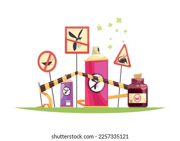 Composición de control de plagas con imágenes de estilo doodal plano contra plagas con instalaciones de descontaminación ilustración vectorial