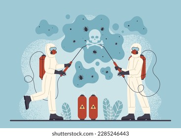 Pest control concept. Characters in protective suits with insecticides. Plant care and room disinfection. Fighters with bugs and mosquito with spray, exterminators. Cartoon flat vector illustration
