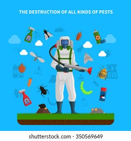 Pest control concept with insects exterminator silhouette flat vector illustration