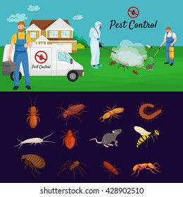 Pest control concept with insects exterminator silhouette flat vector illustration