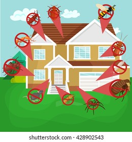 Pest control concept with insects exterminator silhouette flat vector illustration