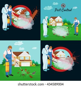 Pest control concept with insects exterminator silhouette flat vector illustration