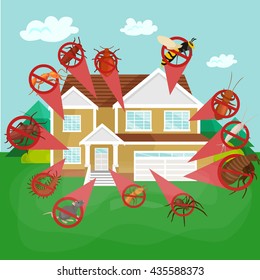 Pest control concept with insects exterminator silhouette flat vector illustration
